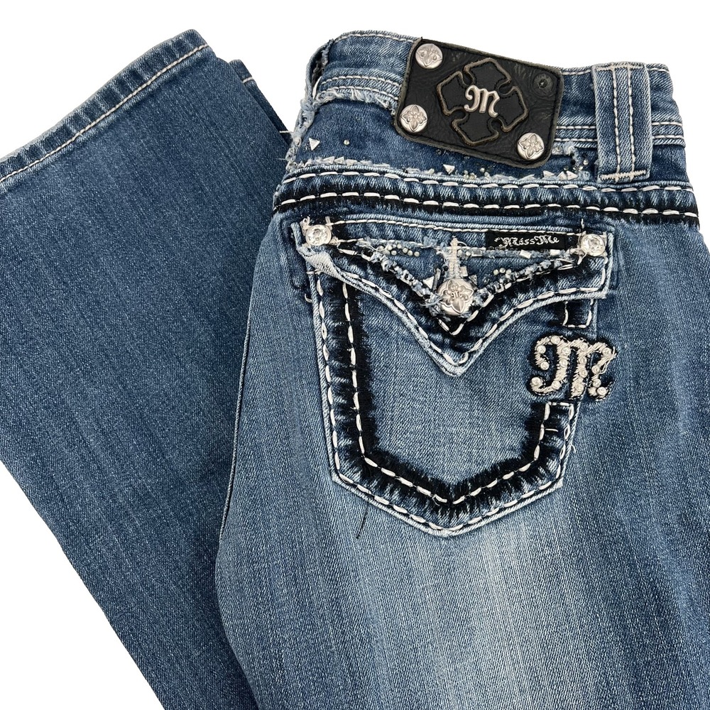 MISS ME Women's Sz 27 Easy Boot Cut Medium-Wash Low-Rise Flap Pocket Denim Jeans